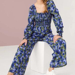 Alivia 'Katya' Wide-Leg Smocked Jumpsuit Purple and Green Floral Multicolor XL